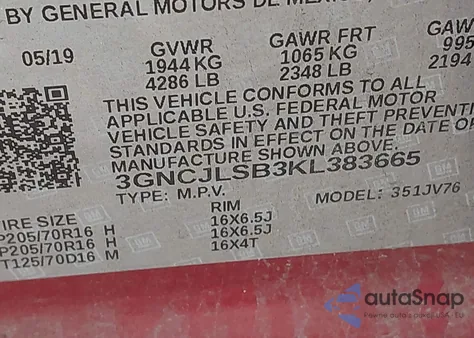 2019 Chevrolet Trax Lt из США, поврежденный, VIN 3GNCJLSB3KL383665